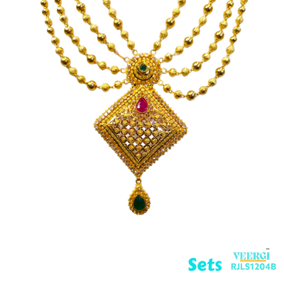 A 22kt gold Indian traditional set with 4 lines and cubic zirconia stones, featuring ruby and emerald stones, In addition to cubic zirconia stones, the set would also feature ruby and emerald stones. 91.8 gm