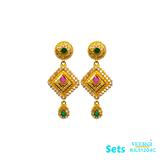A 22kt gold Indian traditional set with 4 lines and cubic zirconia stones, featuring ruby and emerald stones, In addition to cubic zirconia stones, the set would also feature ruby and emerald stones. 91.8 gm