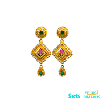 A 22kt gold Indian traditional set with 4 lines and cubic zirconia stones, featuring ruby and emerald stones, In addition to cubic zirconia stones, the set would also feature ruby and emerald stones. 91.8 gm