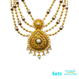 The necklace would feature four lines or strands of gold, arranged in a pattern or braided, and studded with cubic zirconia stones to add sparkle and brilliance. 106.3 gm