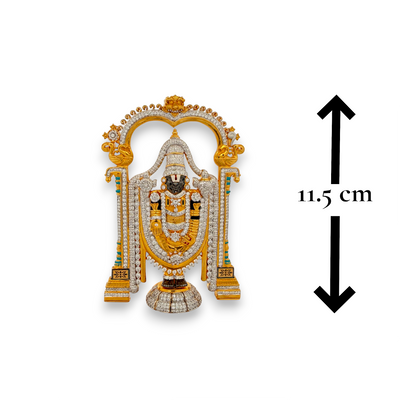22kt gold Lord Balaji Tirupati idol with temple arch frame, 259.3 grams weight, 11.5 cm height, pooja decor piece.