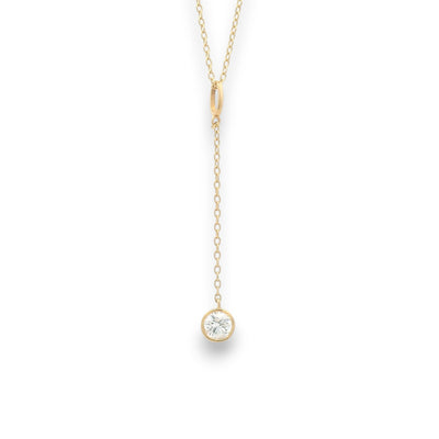 18KT yellow gold diamond drop chain with bezel-set round brilliant diamond pendant by Regal Jewels