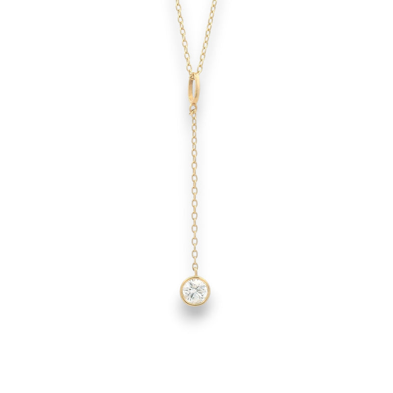 18KT yellow gold diamond drop chain with bezel-set round brilliant diamond pendant by Regal Jewels