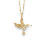 closeuop of 18KT gold hummingbird pendant chain with small natural diamond accents by Regal Jewels