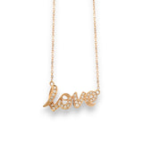 18KT yellow gold “Love” script pendant chain with natural diamond accents by Regal Jewels