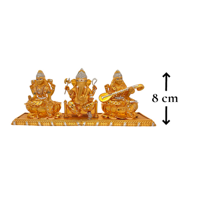 22kt gold Lakshmi Ganesh Saraswati idol set on base, 568.2 grams weight, 8 cm height, divine pooja decor piece.
