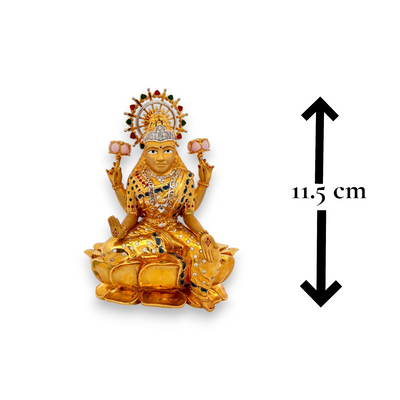 22kt gold Maa Lakshmi idol seated on lotus with detailed design, 440 grams weight, 11.5 cm height, spiritual pooja decor.