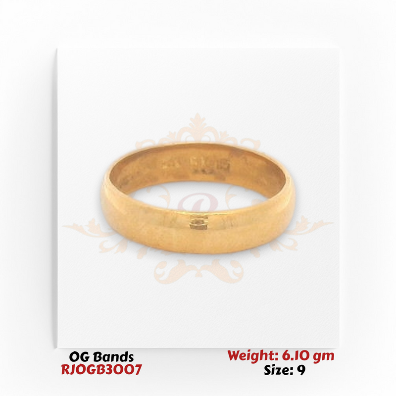 OG gold band with classic matte finish showing inner hallmark detail, solid 6.10 gm unisex gold ring size 9