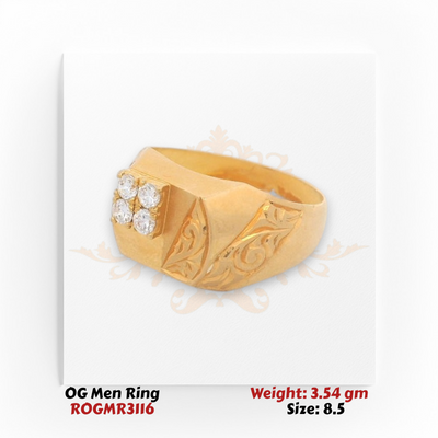 Men’s gold ring left angle view showing diamond cluster and traditional engraved side design.