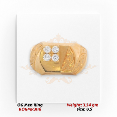 Men’s gold ring with four-diamond cluster and engraved detailing, front view, polished gold finish.