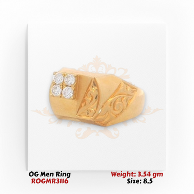 Men’s gold ring angle view highlighting engraved band and raised diamond cluster setting.