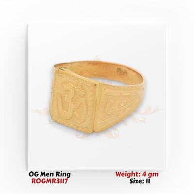 Men’s gold ring side angle showing Om engraving and classic traditional gold detailing.