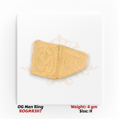 Men’s gold ring angle view highlighting smooth polished band and engraved side design.