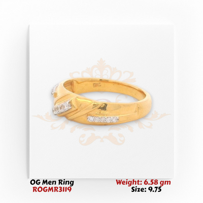 Men’s gold ring side angle showing diamond-set details and smooth polished band.