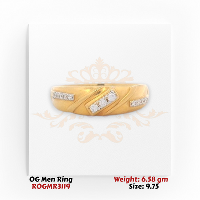 Men’s gold ring with slanted design and diamond accents, front view, polished gold finish.