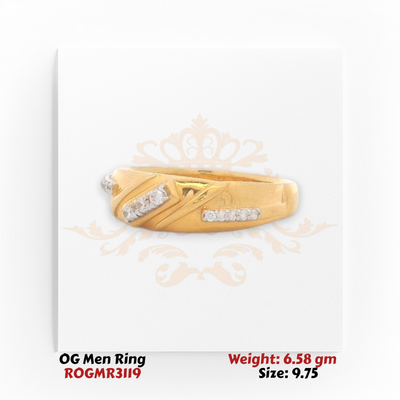 Men’s gold ring angle view highlighting slanted gold design with embedded diamond accents.