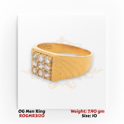 Men’s gold ring side angle showing diamond cluster setting and smooth polished band.