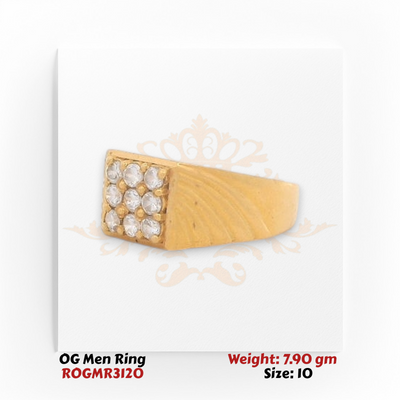Men’s gold ring angle view highlighting square diamond cluster and classic gold finish.