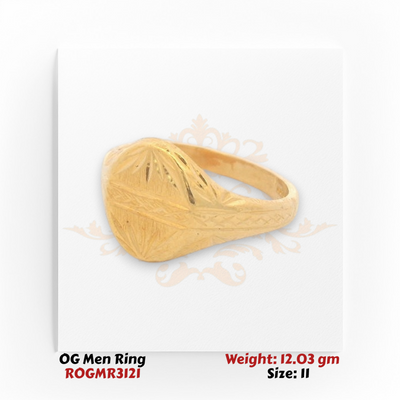 Men’s gold ring side angle highlighting engraved texture and solid gold band.