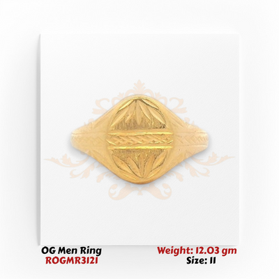 Men’s gold ring top view showing hand-carved textured design and bold traditional pattern.