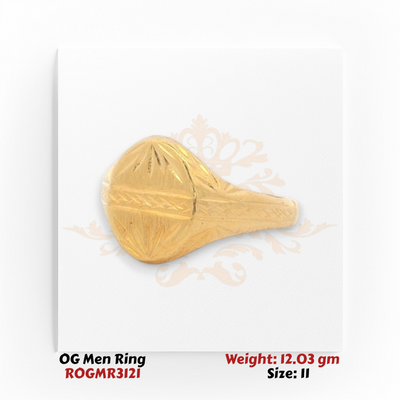 Men’s gold ring angle view displaying detailed carving and strong traditional design.