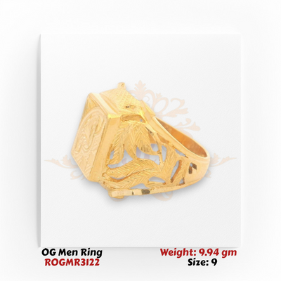 Men’s gold ring side angle showing detailed cutwork design and engraved gold finish.