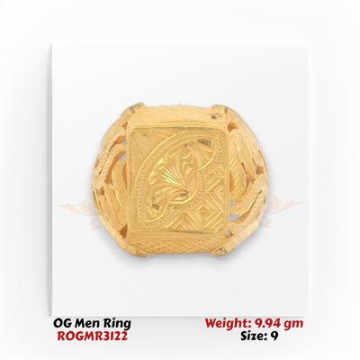 Men’s gold ring top view featuring hand-carved square face with traditional engraved pattern.