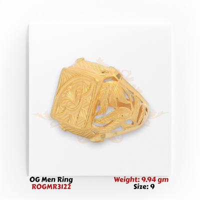 Men’s gold ring with hand-carved square top and intricate cutwork, angle view.