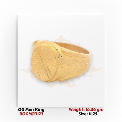 Men’s gold ring side angle showing hand-carved oval face and engraved traditional detailing.