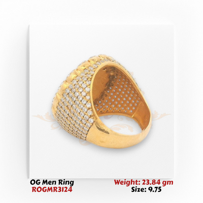 Men’s gold ring featuring S initial centerpiece with diamond halo, bold round top view.