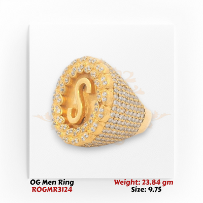 Men’s heavy gold ring with pavé diamond band, detailed inner perforated finish, rear angle view.