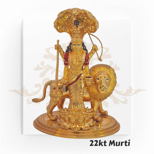 "22kt Gold Maa Durga Murti – A 311.1-gram, 10.0 cm x 8.0 cm intricately designed idol featuring Maa Durga on a lion, available at Regal Jewels with an exclusive 3% discount when paid via Zelle