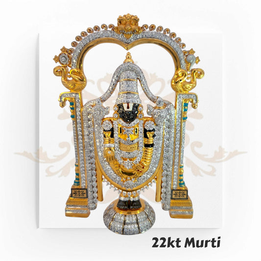 22kt Gold Venkateshwara Murti – A 259.2-gram, 8.0 cm x 12.5 cm intricately designed idol with sparkling stones, available at Regal Jewels with an exclusive 3% discount when paid via Zelle.