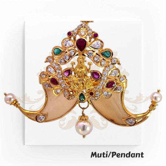 22kt Gold Laxmi Murti Pendant – A 17.8-gram, 6.4 cm x 4.7 cm finely crafted gold pendant featuring Goddess Laxmi, adorned with rubies, emeralds, diamonds, and pearls, available at Regal Jewels with an exclusive 3% discount when paid via Zelle.