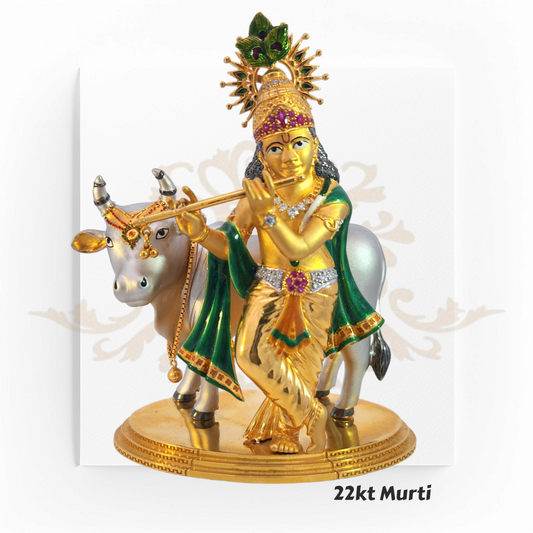 22kt Gold Krishna with Cow Murti – A 286.1-gram divine idol featuring Lord Krishna playing the flute beside a sacred cow, crafted in pure gold at Regal Jewels.