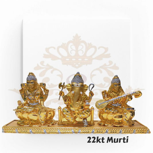 22kt Gold Laxmi Ganesh Saraswati Murti – A 568-gram divine idol featuring Laxmi, Ganesh & Saraswati in 22kt gold, symbolizing wealth, wisdom & prosperity.