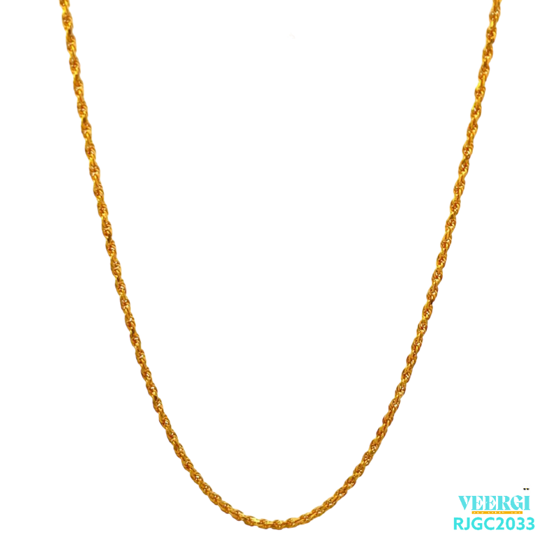 The Gold Chain RJGC2033, a 22kt gold rope chain with a classic and timeless design. The chain is approximately 18 inches in length and features a secure lobster clasp closure. Weighing 6.50 grams, it is a simple yet elegant piece of jewelry that would make a great addition to any collection.