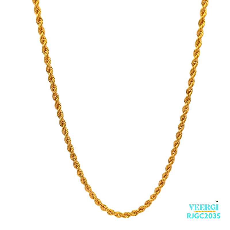 The Gold Chain RJGC2035, a 22kt gold rope chain with a classic and elegant design. Measuring approximately 18 inches in length, this chain features a secure lobster clasp closure. Weighing 5.60 grams, it is a beautiful and timeless piece of jewelry that would make a great addition to any collection.