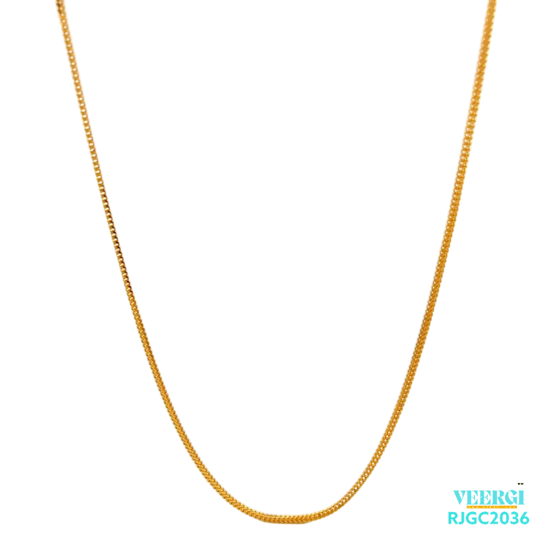 The Gold Chain RJGC2036, a 22kt gold chain with a simple and elegant design. Measuring approximately 18 inches in length, this chain features a secure lobster clasp closure. Weighing 4.20 grams, it is a minimalist piece of jewelry that would make a great addition to any collection.