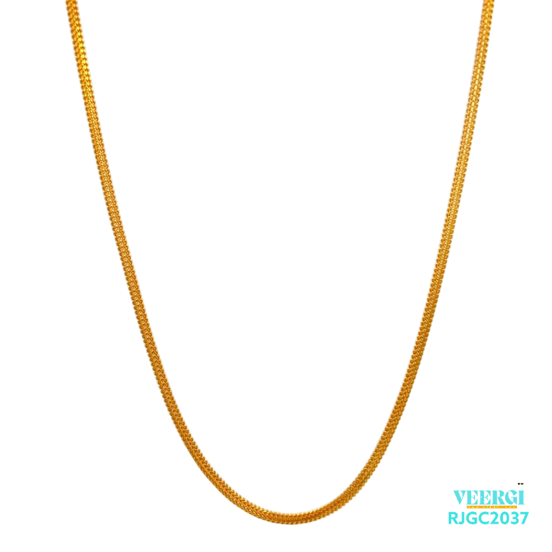 The Gold Chain RJGC2037, a 22kt gold chain with a beautiful and unique design. Measuring approximately 18 inches in length, this chain features a secure lobster clasp closure. Weighing 8.30 grams, it is a distinctive piece of jewelry that would make a great addition to any collection.