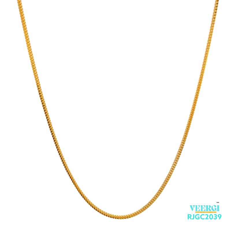 The Gold Chain RJGC2039, a beautiful 22kt gold chain with an intricate and detailed design. This chain is approximately 18 inches in length and features a secure lobster clasp closure. Weighing 4.20 grams, it is a unique and elegant piece of jewelry suitable for any collection.