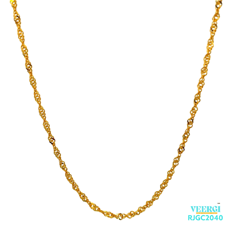 The Gold Chain RJGC2040, a stunning 22kt yellow gold link chain. This chain is 18 inches long and has a thickness of 1.4mm. It is secured with a lobster clasp for a reliable closure. Weighing 3.60 grams, it is a delicate and elegant piece of jewelry.