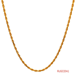 The Gold Chain RJGC2041, a stunning 22kt yellow gold rope chain. This chain is 16 inches long with a thickness of 1.2mm. It is secured with a lobster clasp for a secure closure. Weighing 5.8 grams, it features a delicate and intricate pattern, adding a touch of sophistication to any outfit.