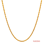 The Gold Chain RJGC2043, a 22kt yellow gold rope chain. This chain measures 16 inches in length and has a thickness of 1.8mm. It is secured with a lobster clasp for a secure closure. Weighing 4.40 grams, this chain showcases an elegant and intricate design, characteristic of rope chains, adding a touch of sophistication to any outfit.