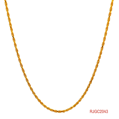 The Gold Chain RJGC2043, a 22kt yellow gold rope chain. This chain measures 16 inches in length and has a thickness of 1.8mm. It is secured with a lobster clasp for a secure closure. Weighing 4.40 grams, this chain showcases an elegant and intricate design, characteristic of rope chains, adding a touch of sophistication to any outfit.