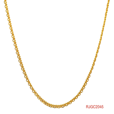 The Gold Chain RJGC2045, a box chain crafted from 22kt yellow gold. This chain measures 15 inches in length and has a thickness of 0.6mm. It is secured with a spring ring clasp for a reliable closure. Weighing 5.0 grams, this chain showcases a sleek and delicate design, perfect for adding a touch of elegance to any ensemble.