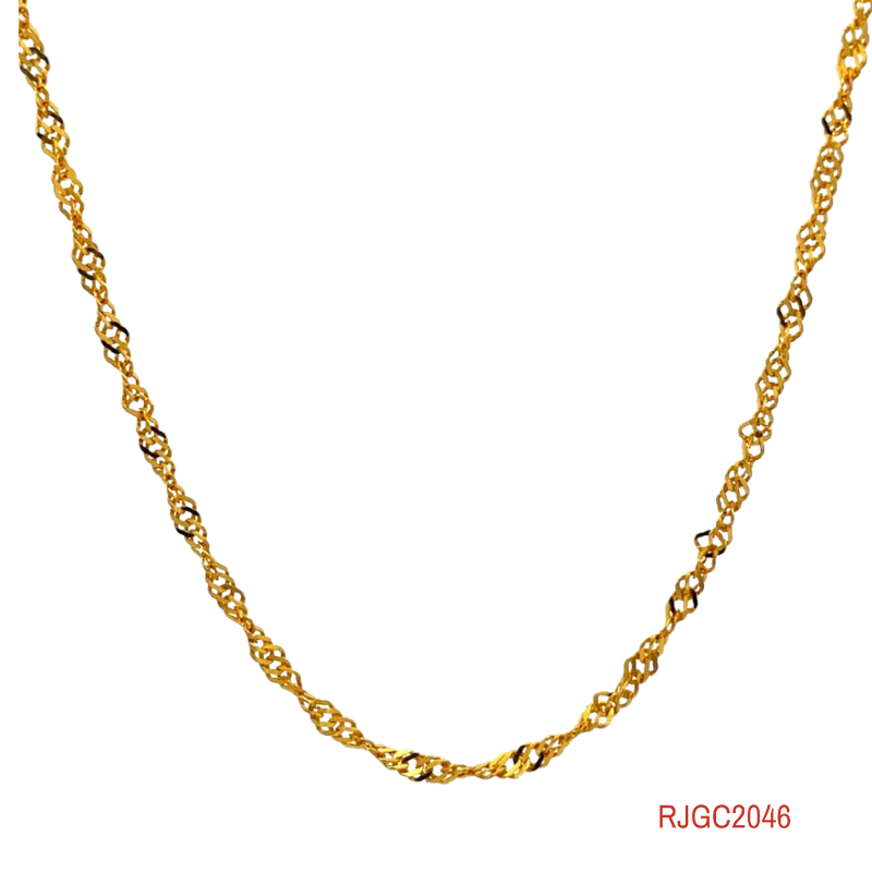 The Gold Chain RJGC2046 is a box chain made of 22kt yellow gold. The chain has a thickness of 0.6mm and a length of 16 inches. It features a spring ring clasp for secure closure.