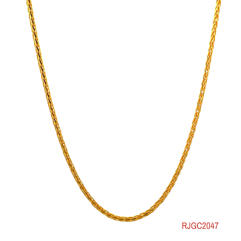 The Gold Chain RJGC2047, a luxurious fox tail chain made of high-quality 22kt gold. This stylish chain measures 15 inches in length and weighs 9.2 grams. Its unique design features interlocking links that resemble the elegant tail of a fox, adding a touch of sophistication to any ensemble. Crafted with durability and value in mind, this chain is a stunning addition to any jewelry collection.