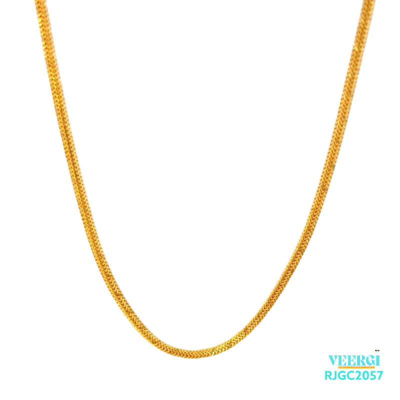 The Gold Chain RJGC2057, a stunning 22kt yellow gold Figaro chain from Regal Jewels. This unique chain weighs 17.60 grams and showcases a Figaro chain design with its alternating pattern of flattened links. The Figaro chain's distinctive look adds an eye-catching element to this piece of jewelry. Crafted with high-quality 22kt yellow gold, this chain is a statement-making and elegant addition to any collection.