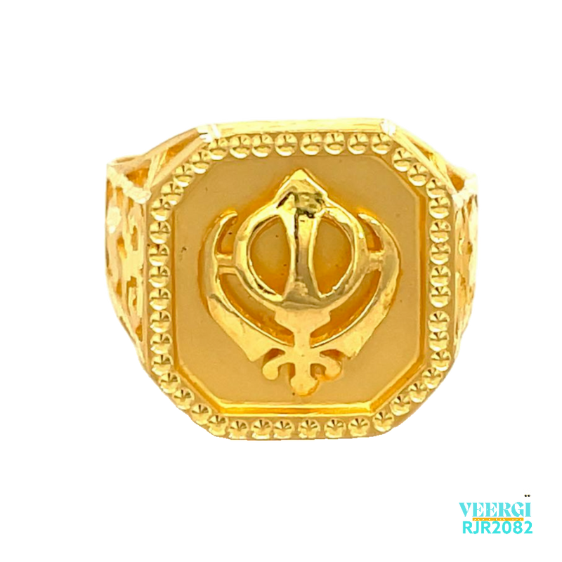 A 22kt gold men's ring with an all-yellow square top and rounded edges, featuring a Khanda symbol in the middle, is a meaningful and powerful piece of jewelry. Weight: 7.00 gm Size: 9